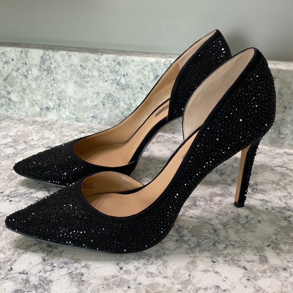 INC International Concepts Black Crystal Embellished Pointed-Toe Heels